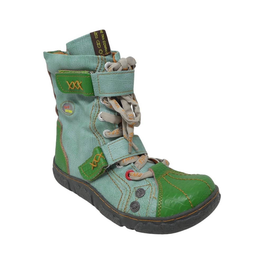 TMA EYES Combat Ankle Boots Women 7.5 Green Orange Lace Up Side Zip Straps